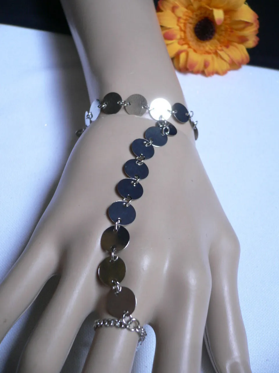 Gold Silver Metal Hand Chain Bracelet Multi Circles Women Trendy