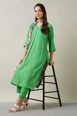 Green Cotton Kurta Set & Stole