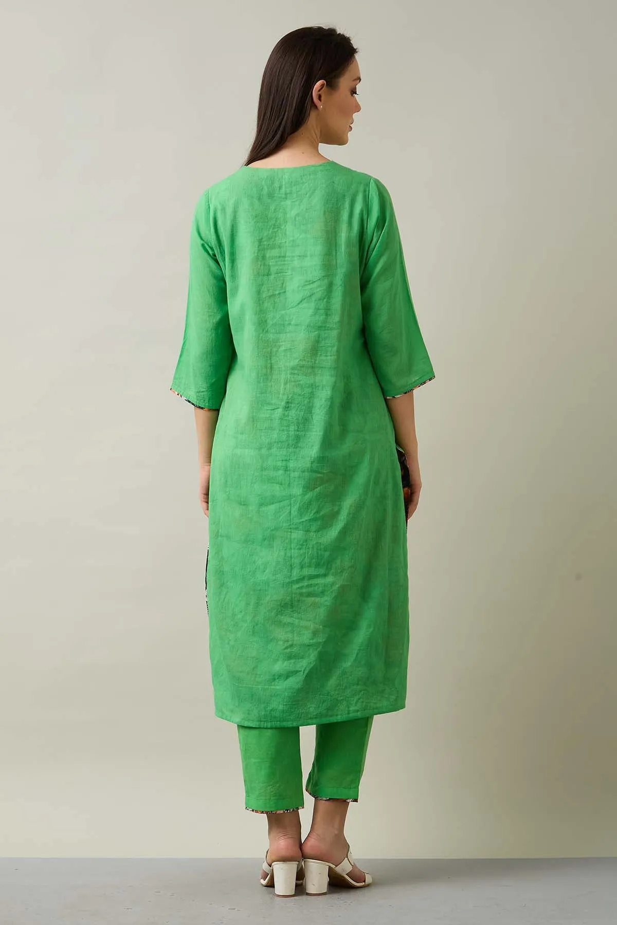 Green Cotton Kurta Set & Stole