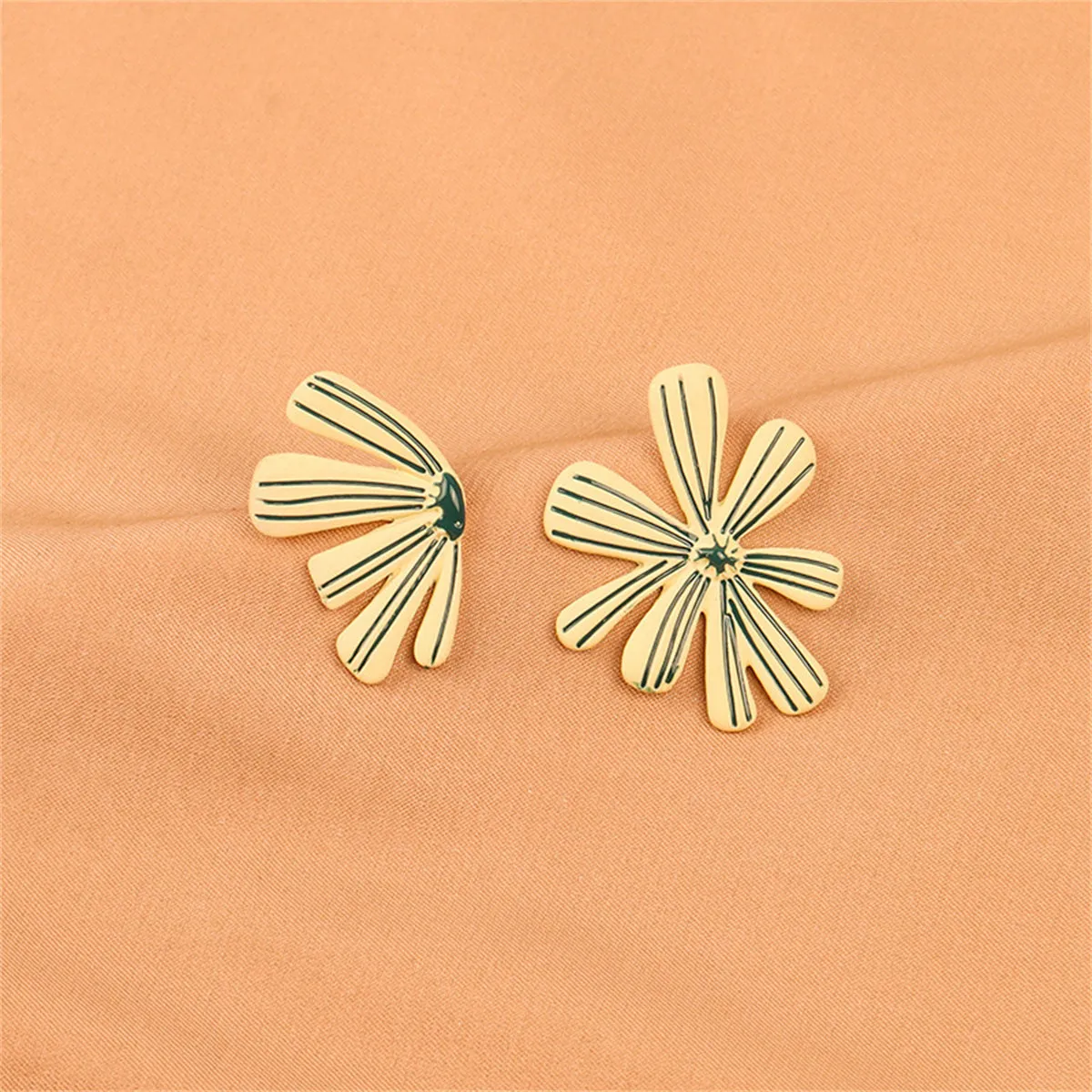 Green Enamel Asymmetric Floral Stud Earrings