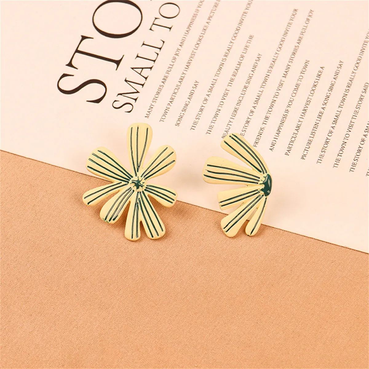 Green Enamel Asymmetric Floral Stud Earrings