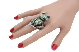Green Rhinestone Silver Metal Frog Ring