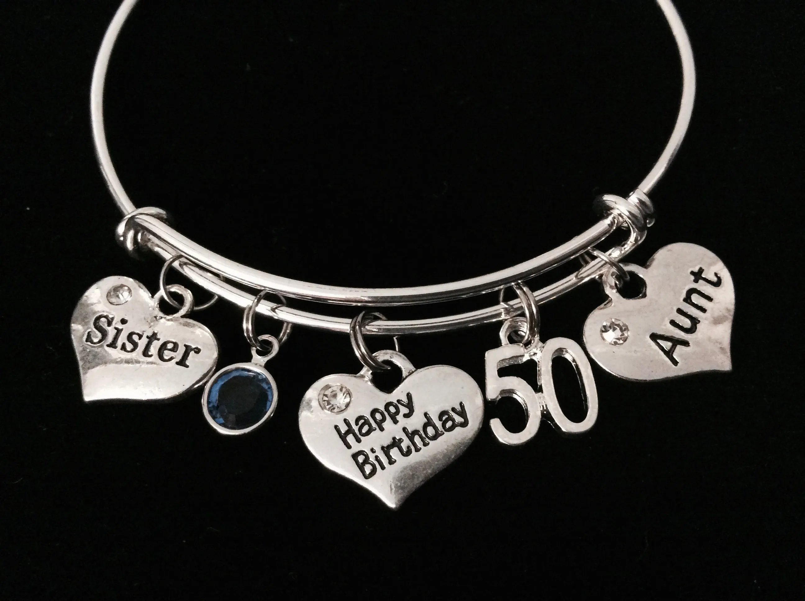 Happy 50th Birthday Sister Aunt Adjustable Bracelet Silver Expandable Bangle Trendy Gift Birthstone