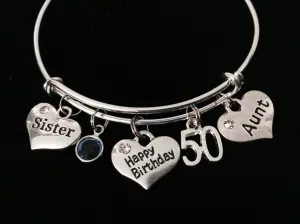 Happy 50th Birthday Sister Aunt Adjustable Bracelet Silver Expandable Bangle Trendy Gift Birthstone