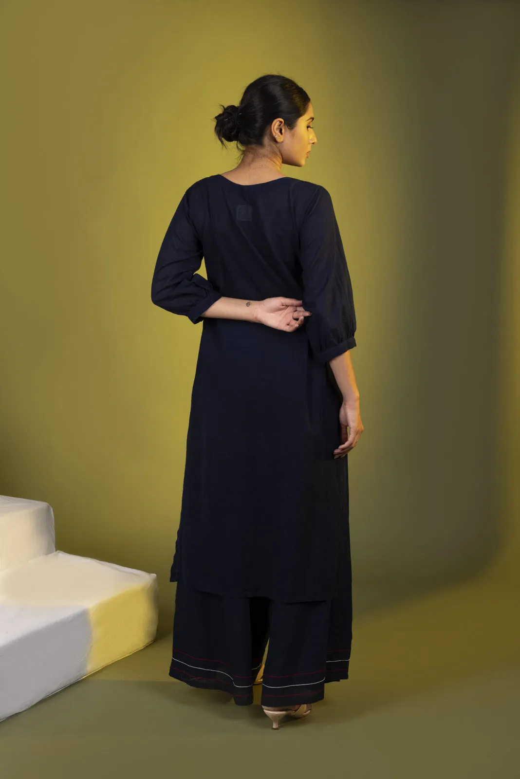 Indigo Panel Straight Kurta with Palazzos and Dupatta