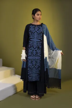 Indigo Panel Straight Kurta with Palazzos and Dupatta