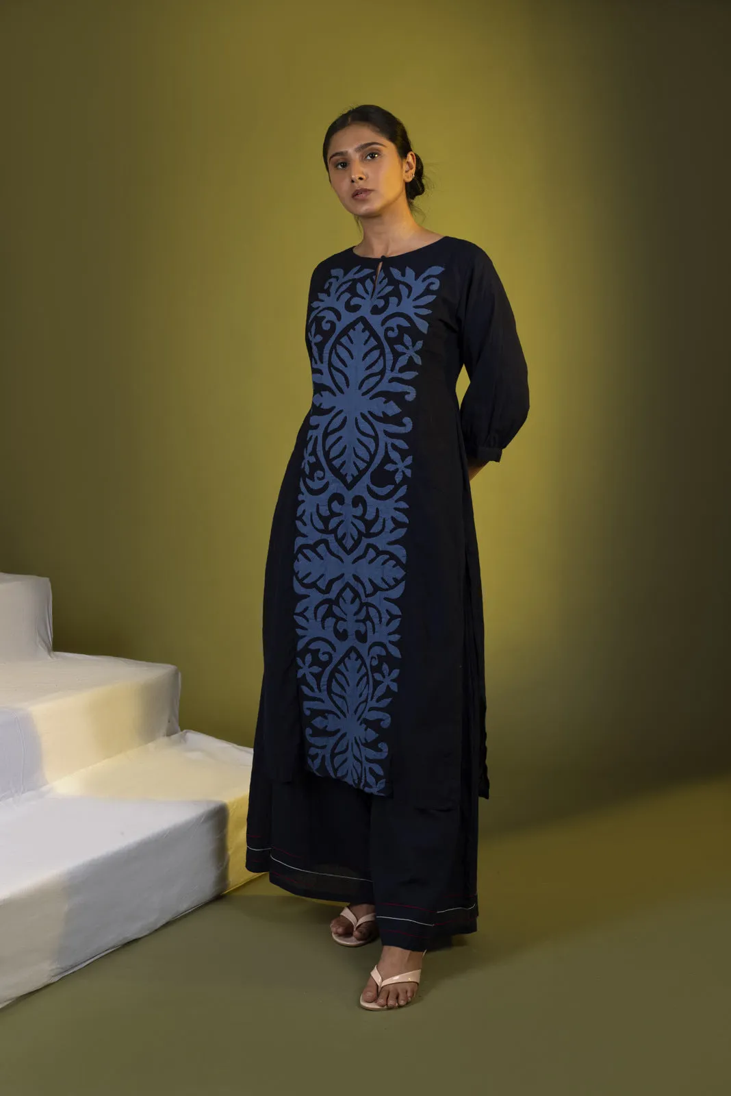 Indigo Panel Straight Kurta with Palazzos and Dupatta