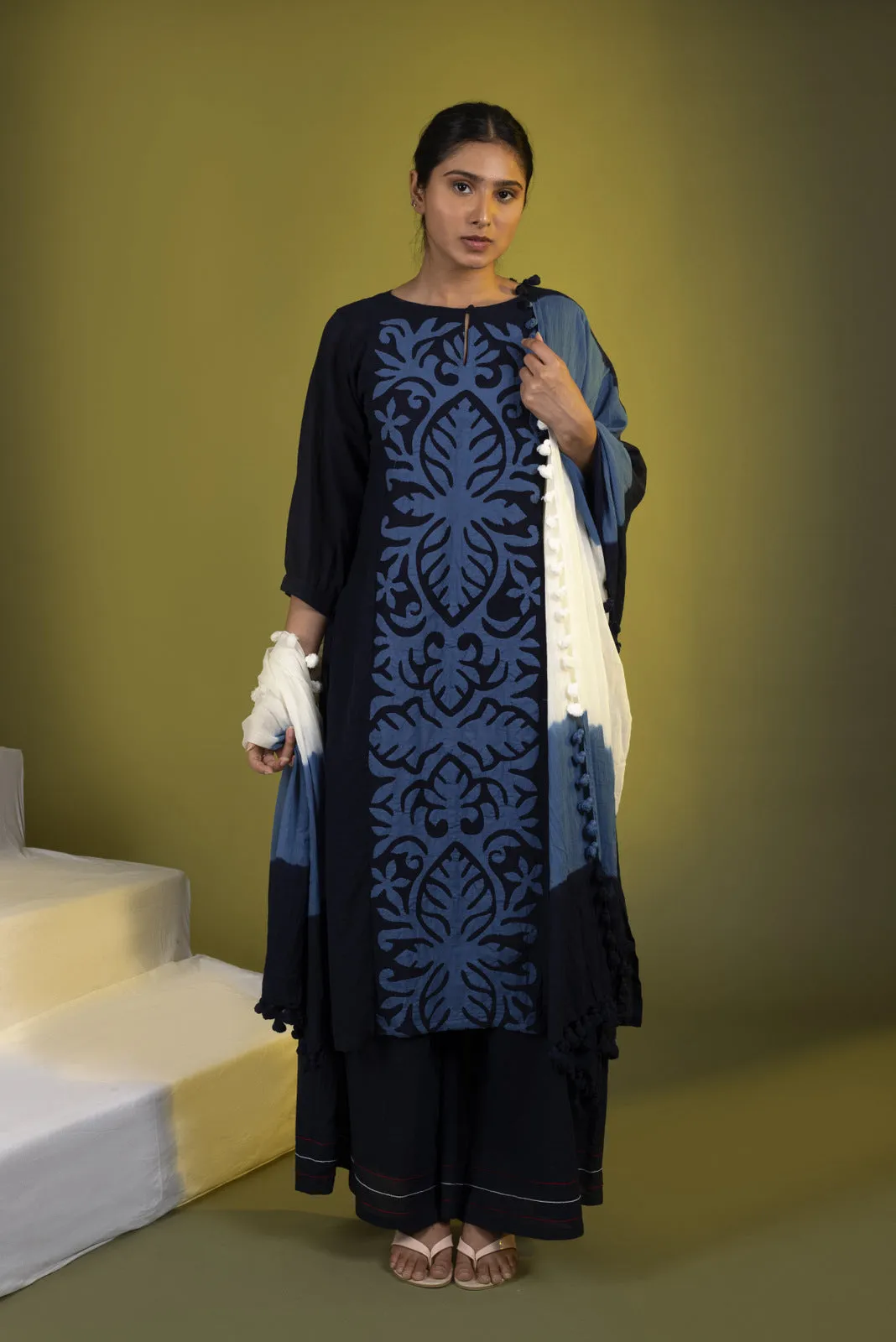 Indigo Panel Straight Kurta with Palazzos and Dupatta