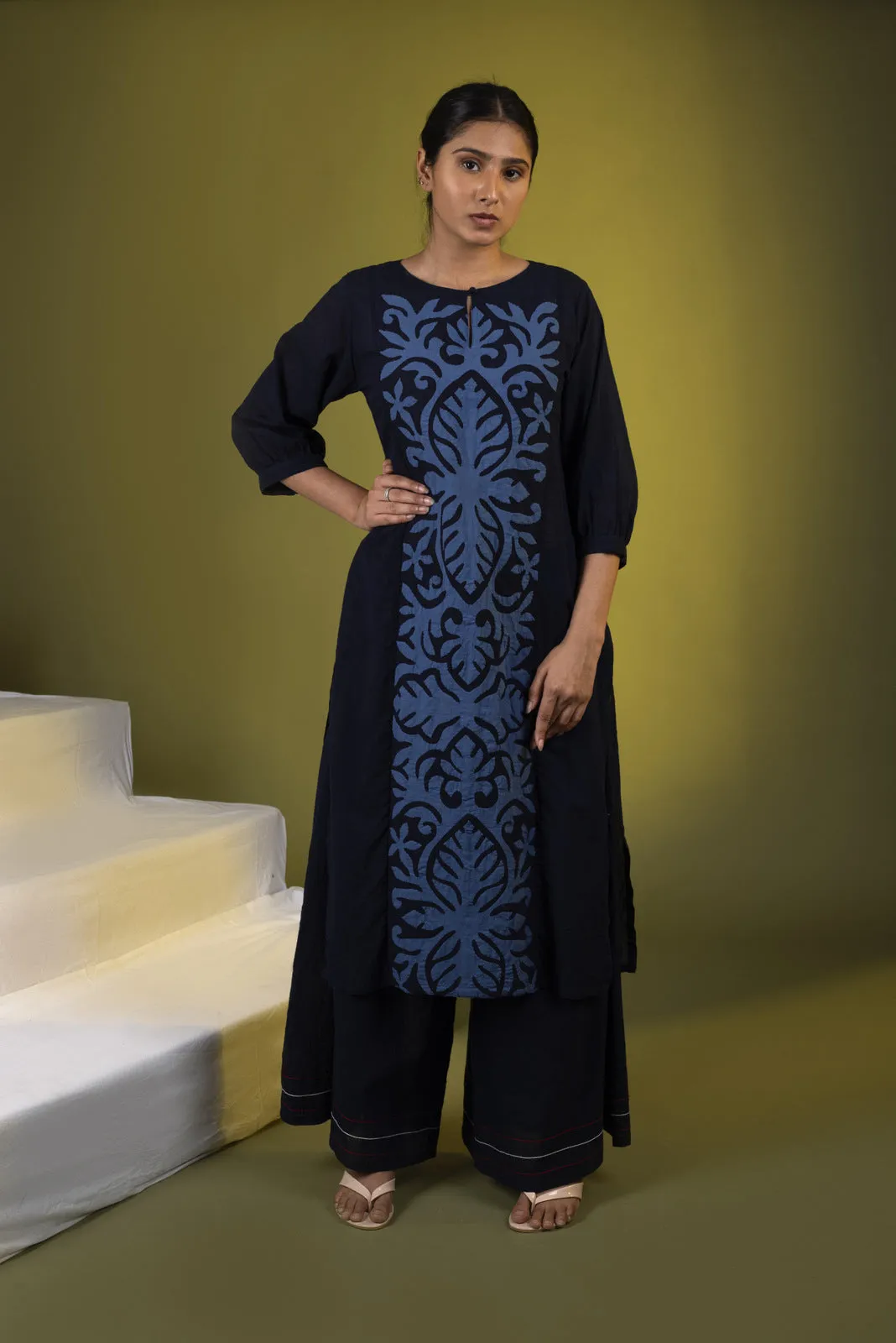 Indigo Panel Straight Kurta with Palazzos and Dupatta
