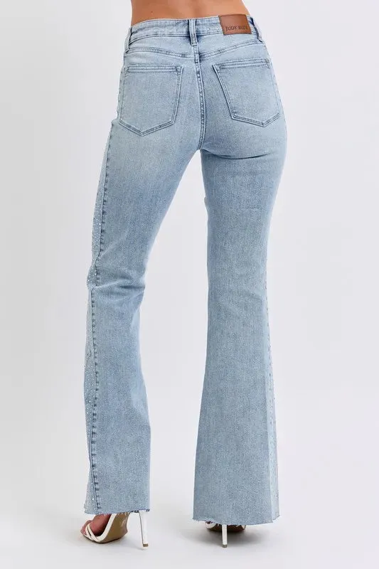 Judy Blue Full Size Midi Rise Rhinestone Side Panel Detail Flare Jeans Plus Size