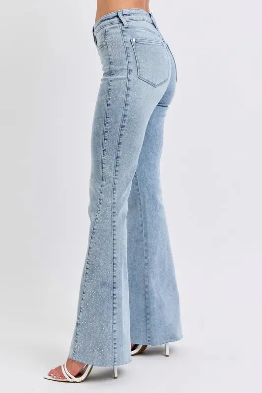 Judy Blue Full Size Midi Rise Rhinestone Side Panel Detail Flare Jeans Plus Size