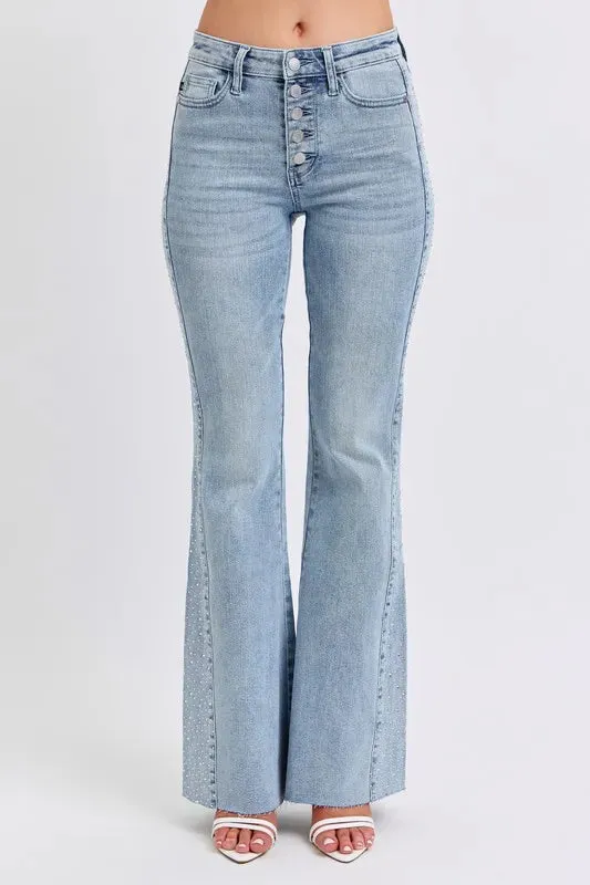 Judy Blue Full Size Midi Rise Rhinestone Side Panel Detail Flare Jeans Plus Size