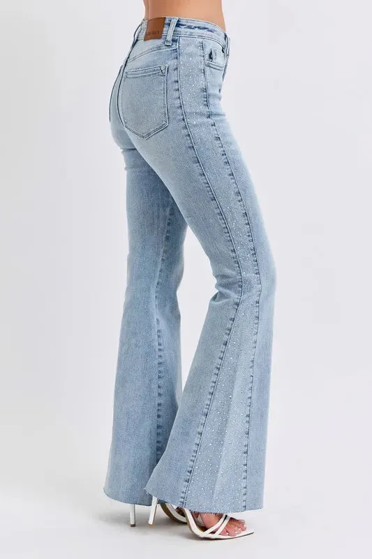 Judy Blue Full Size Midi Rise Rhinestone Side Panel Detail Flare Jeans Plus Size