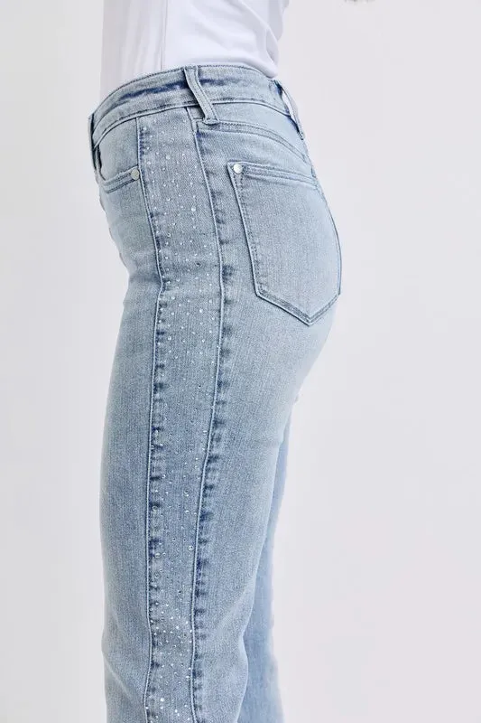 Judy Blue Full Size Midi Rise Rhinestone Side Panel Detail Flare Jeans Plus Size