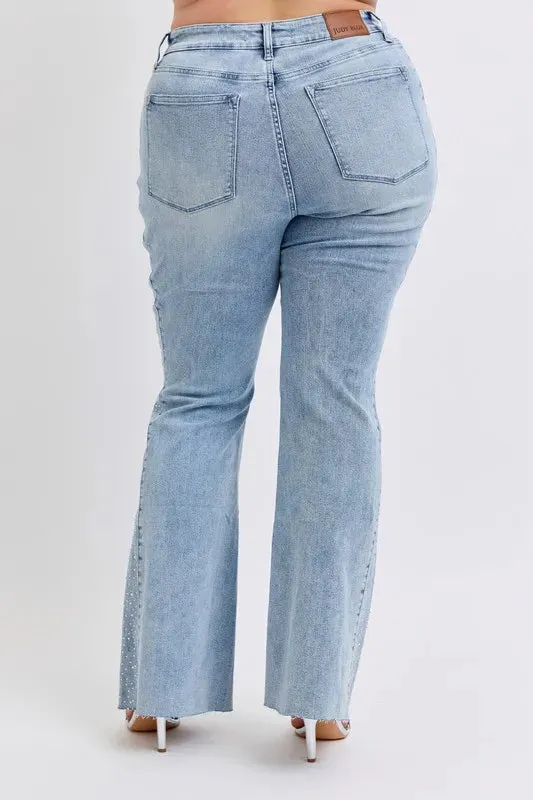 Judy Blue Full Size Midi Rise Rhinestone Side Panel Detail Flare Jeans Plus Size