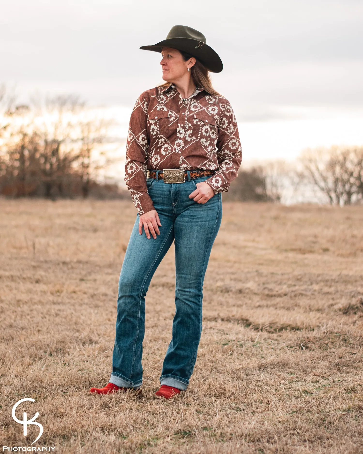 Kalei Vintage Brown Floral Style Pearl Snap Shirt