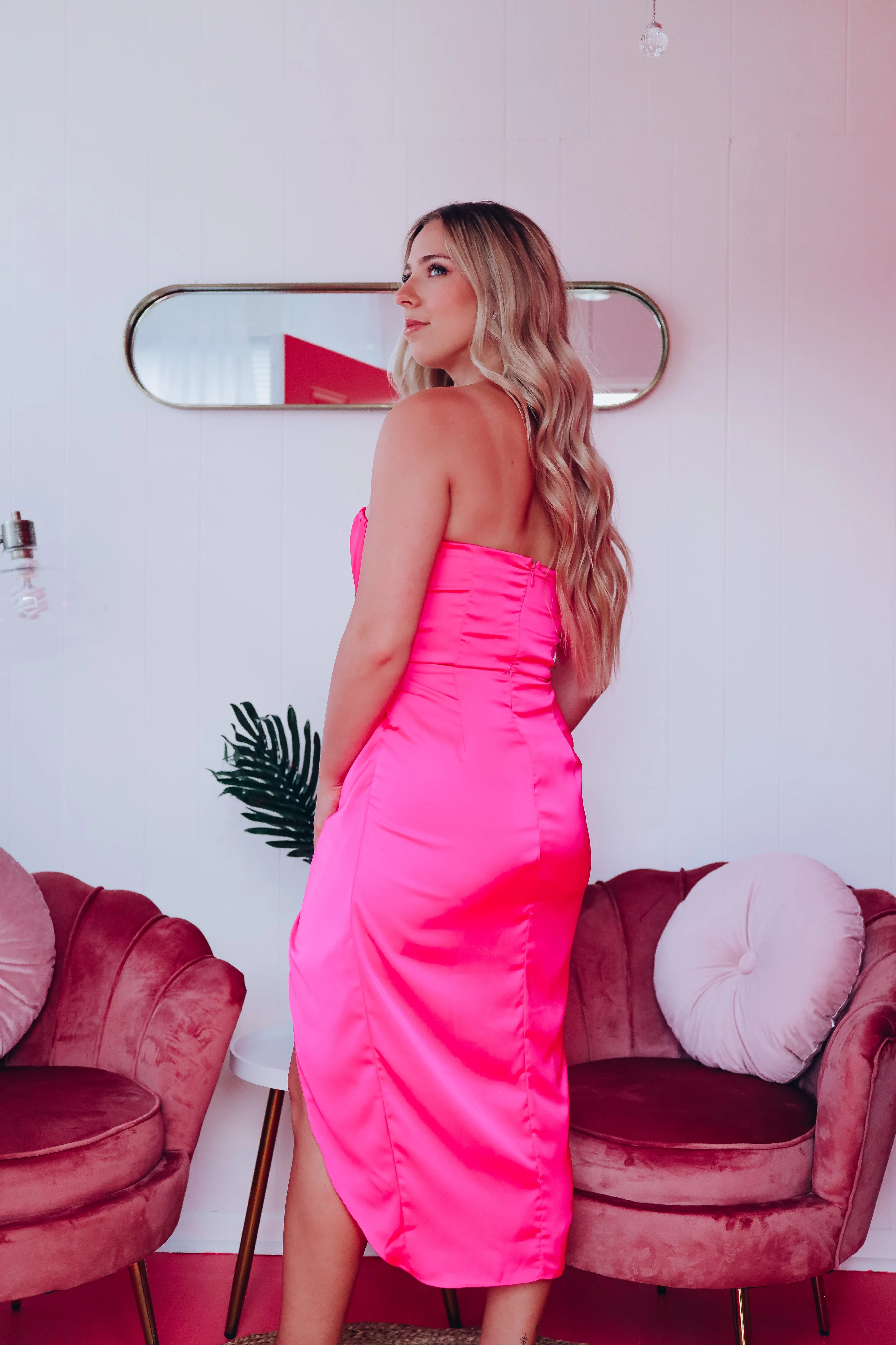 Katherine Twisted Strapless Midi Dress - Hot Pink