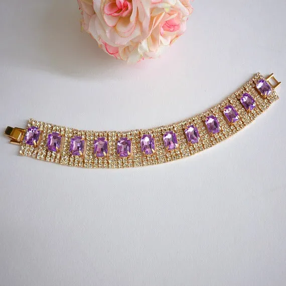 Lavender Rhinestone Bridal Bracelet. Lilac Wedding Bracelet. Purple Wedding Link Bracelet. Purple Wedding Tennis Bracelet. Bridesmaid Gift.