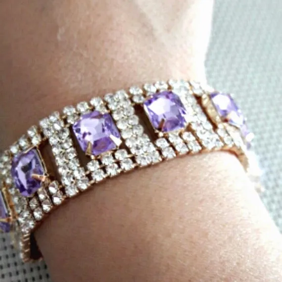 Lavender Rhinestone Bridal Bracelet. Lilac Wedding Bracelet. Purple Wedding Link Bracelet. Purple Wedding Tennis Bracelet. Bridesmaid Gift.