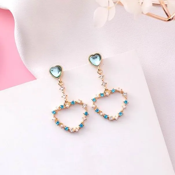 Long Rhinestone Drop Earrings Heart For Women Wedding Jewelry