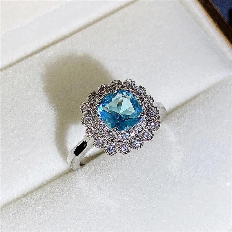 Luxury Aquamarine Engagement Ring Women Party Wedding Jewelry