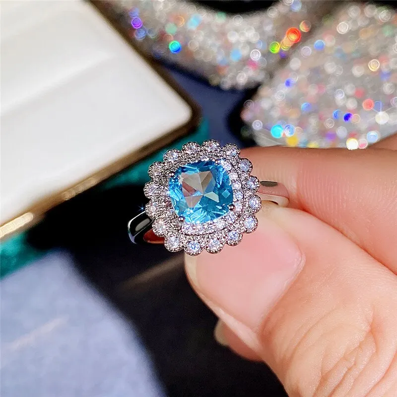 Luxury Aquamarine Engagement Ring Women Party Wedding Jewelry