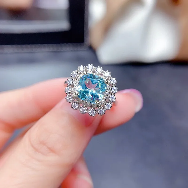 Luxury Aquamarine Engagement Ring Women Party Wedding Jewelry