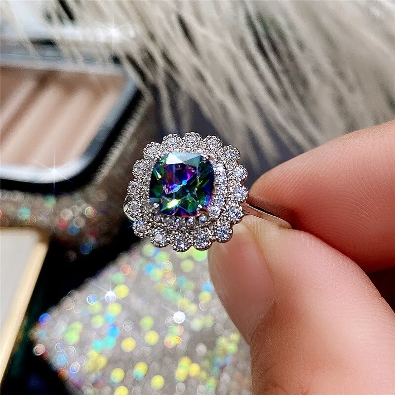 Luxury Aquamarine Engagement Ring Women Party Wedding Jewelry