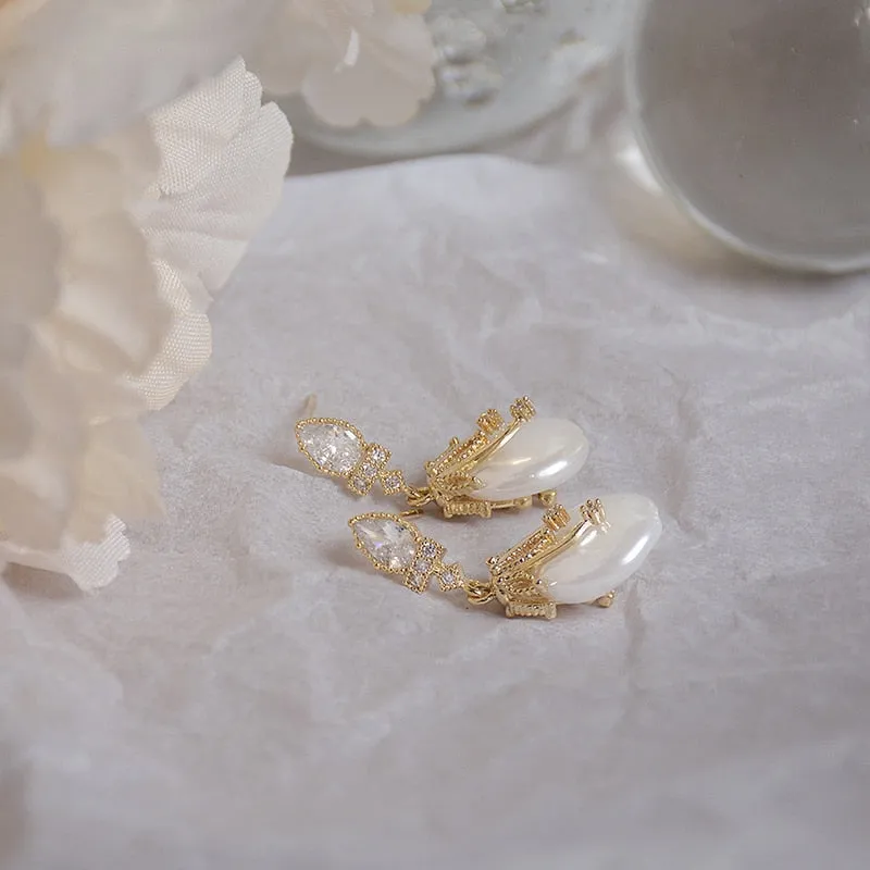 Luxury Pearl Stud Earrings Women 14K Yellow Gold Wedding Jewelry