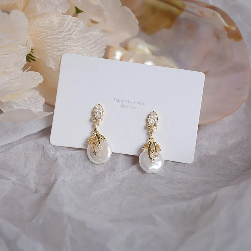 Luxury Pearl Stud Earrings Women 14K Yellow Gold Wedding Jewelry