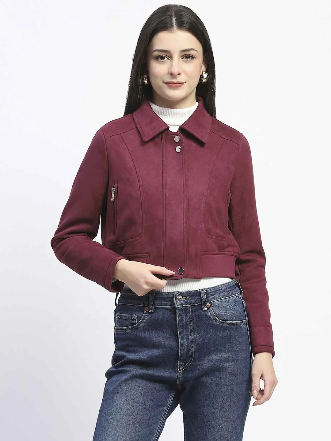 Madame Crop Suede Flap Collared Wine Red Jacket