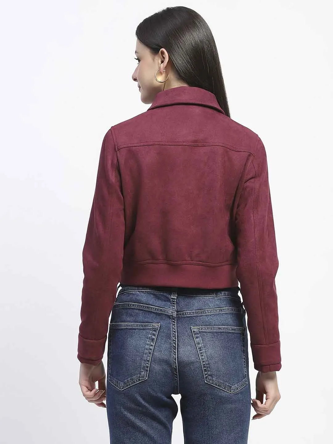 Madame Crop Suede Flap Collared Wine Red Jacket