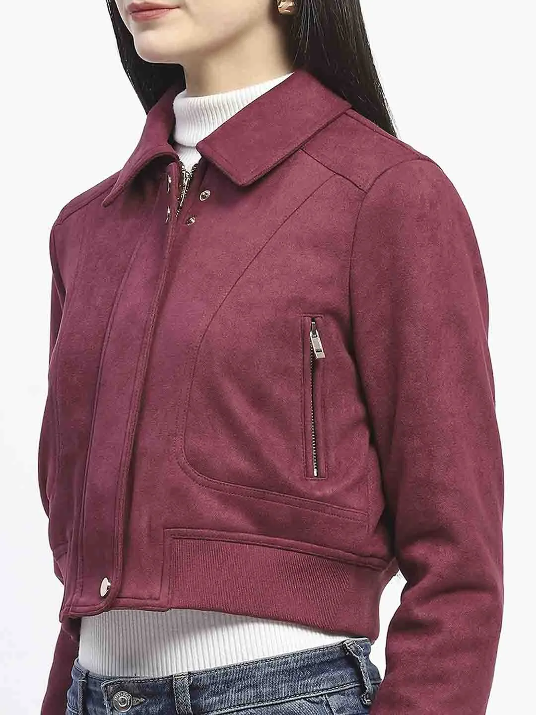 Madame Crop Suede Flap Collared Wine Red Jacket