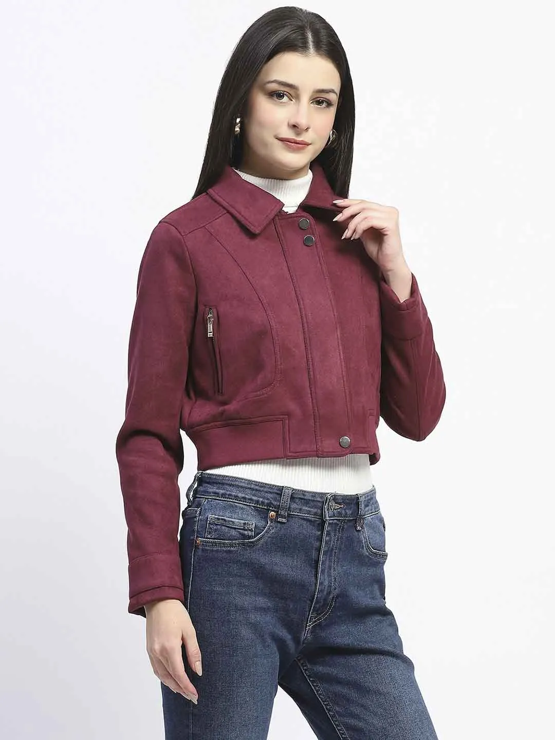 Madame Crop Suede Flap Collared Wine Red Jacket
