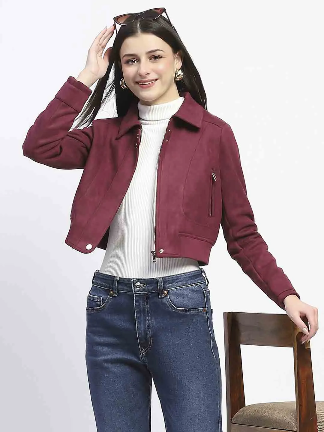 Madame Crop Suede Flap Collared Wine Red Jacket
