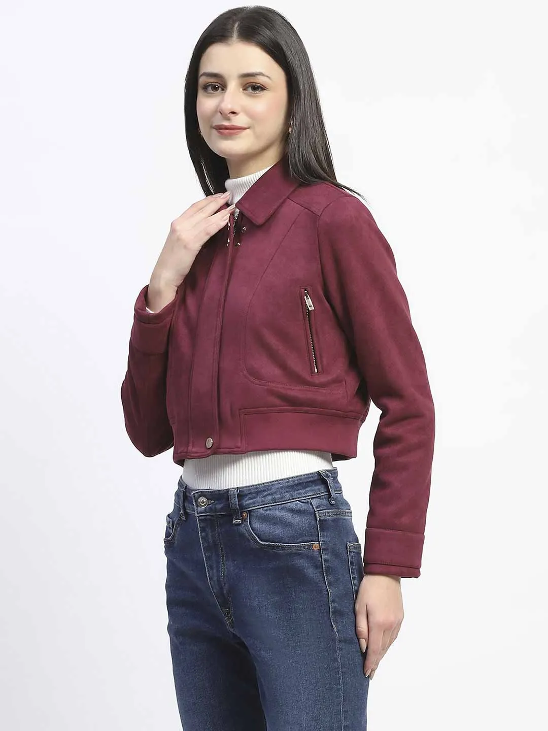 Madame Crop Suede Flap Collared Wine Red Jacket