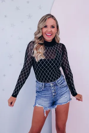 Merry Rhinestone Mesh Bodysuit - Black