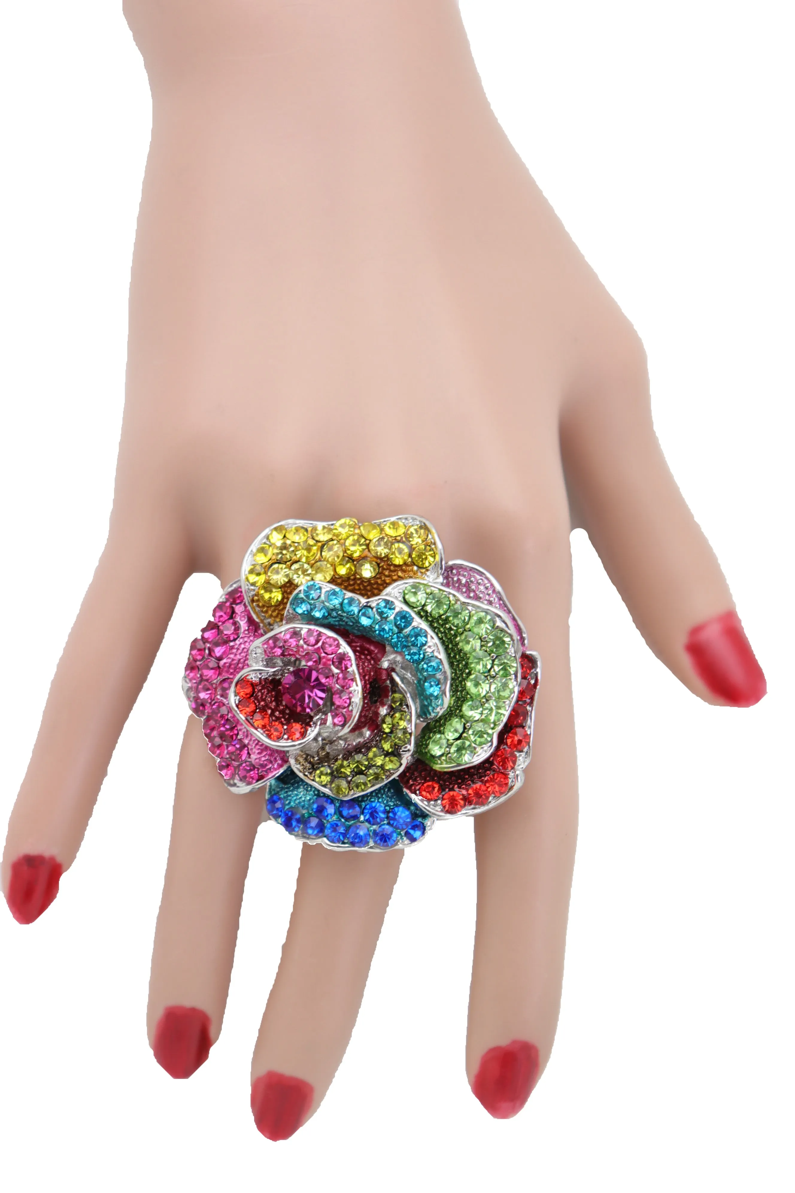 Multicolored Rhinestone Large Flower Elastic Band Ring