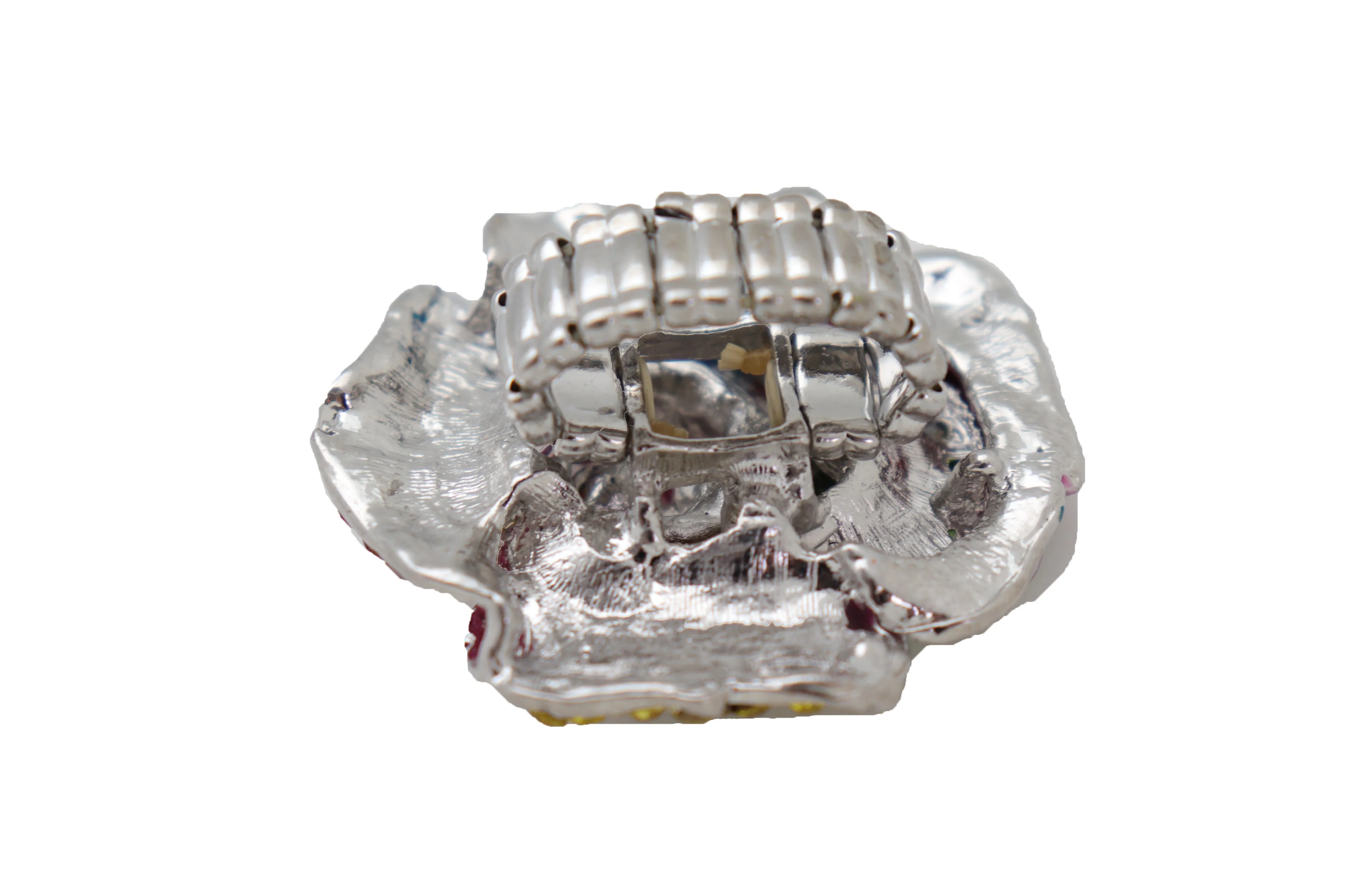 Multicolored Rhinestone Large Flower Elastic Band Ring