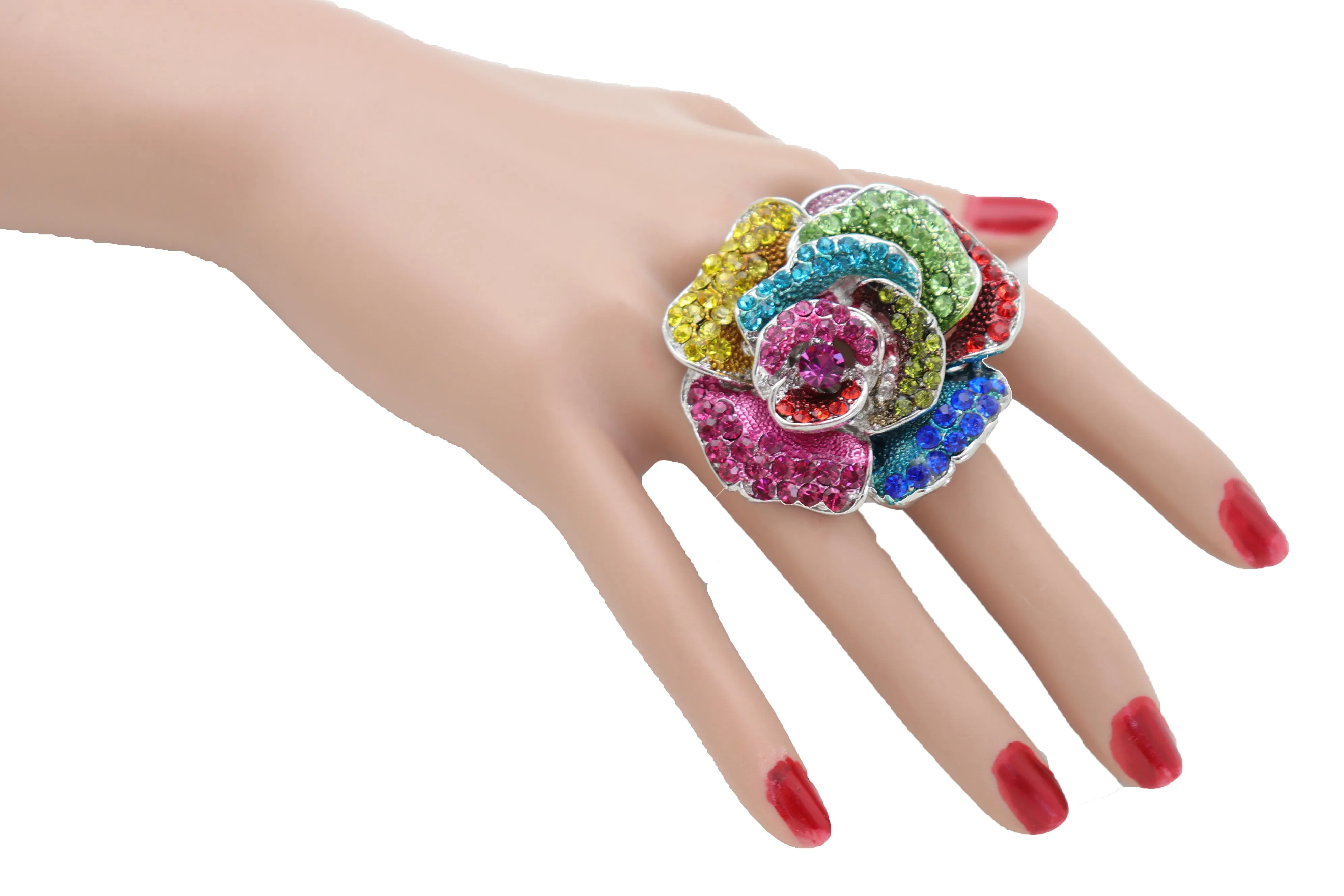 Multicolored Rhinestone Large Flower Elastic Band Ring
