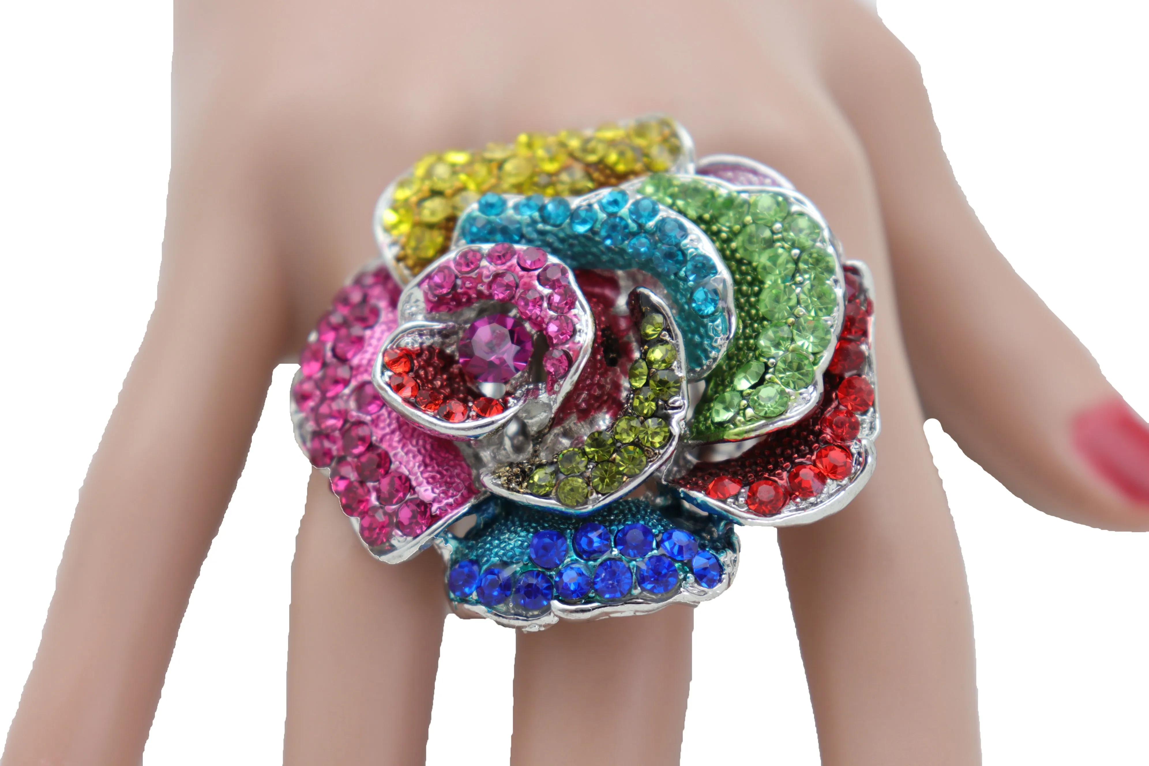 Multicolored Rhinestone Large Flower Elastic Band Ring