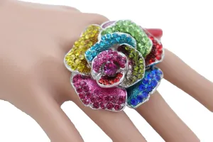 Multicolored Rhinestone Large Flower Elastic Band Ring