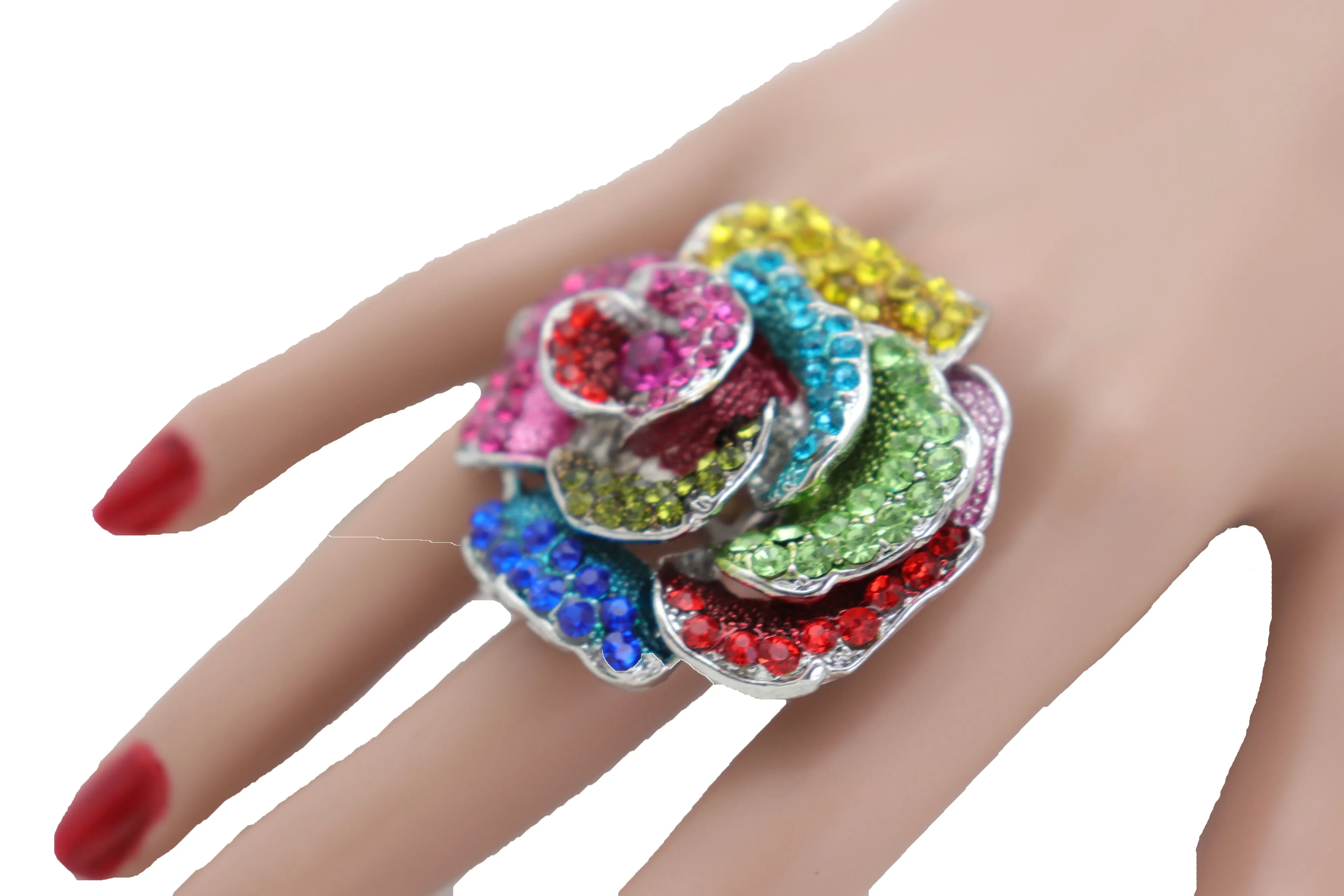 Multicolored Rhinestone Large Flower Elastic Band Ring