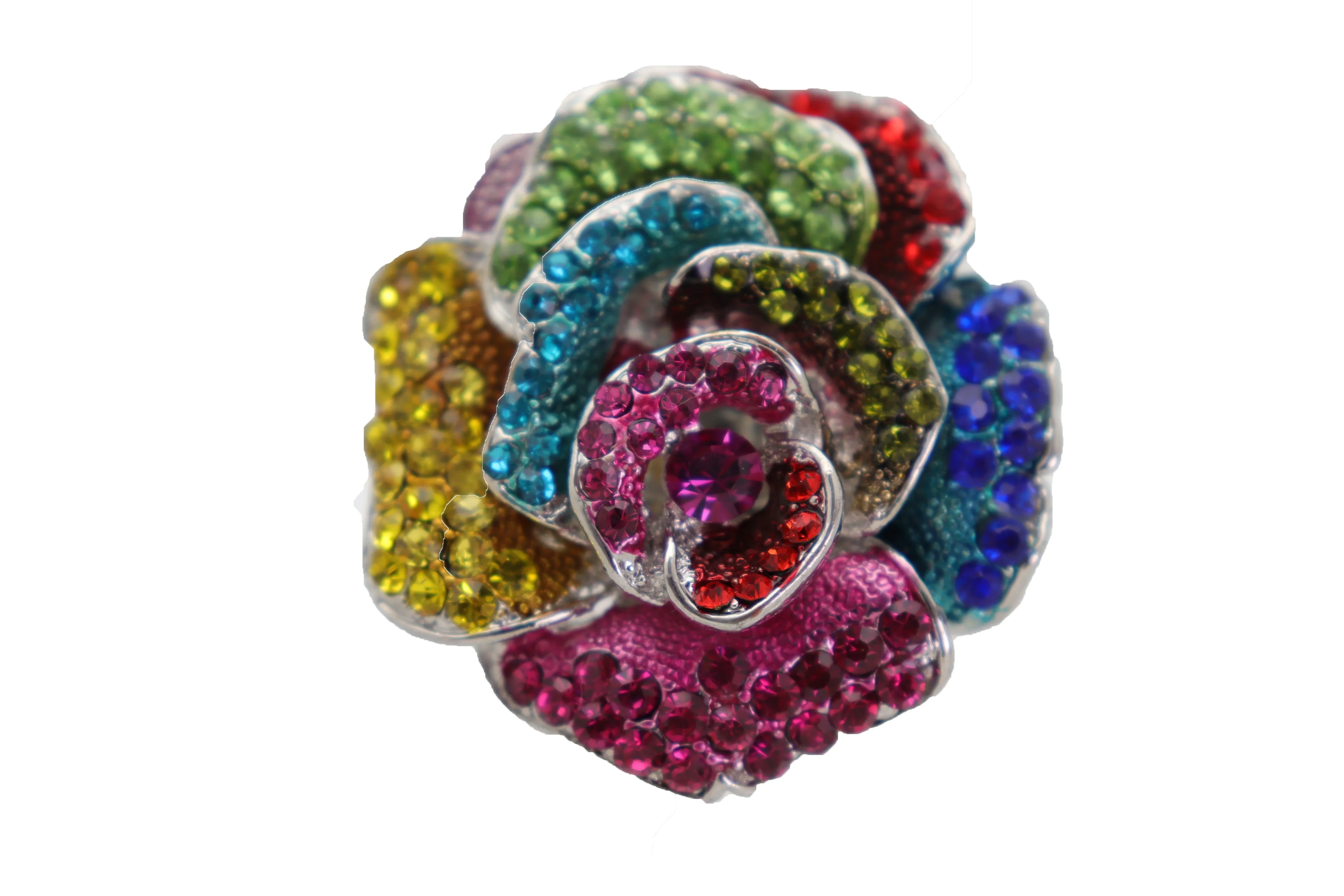 Multicolored Rhinestone Large Flower Elastic Band Ring