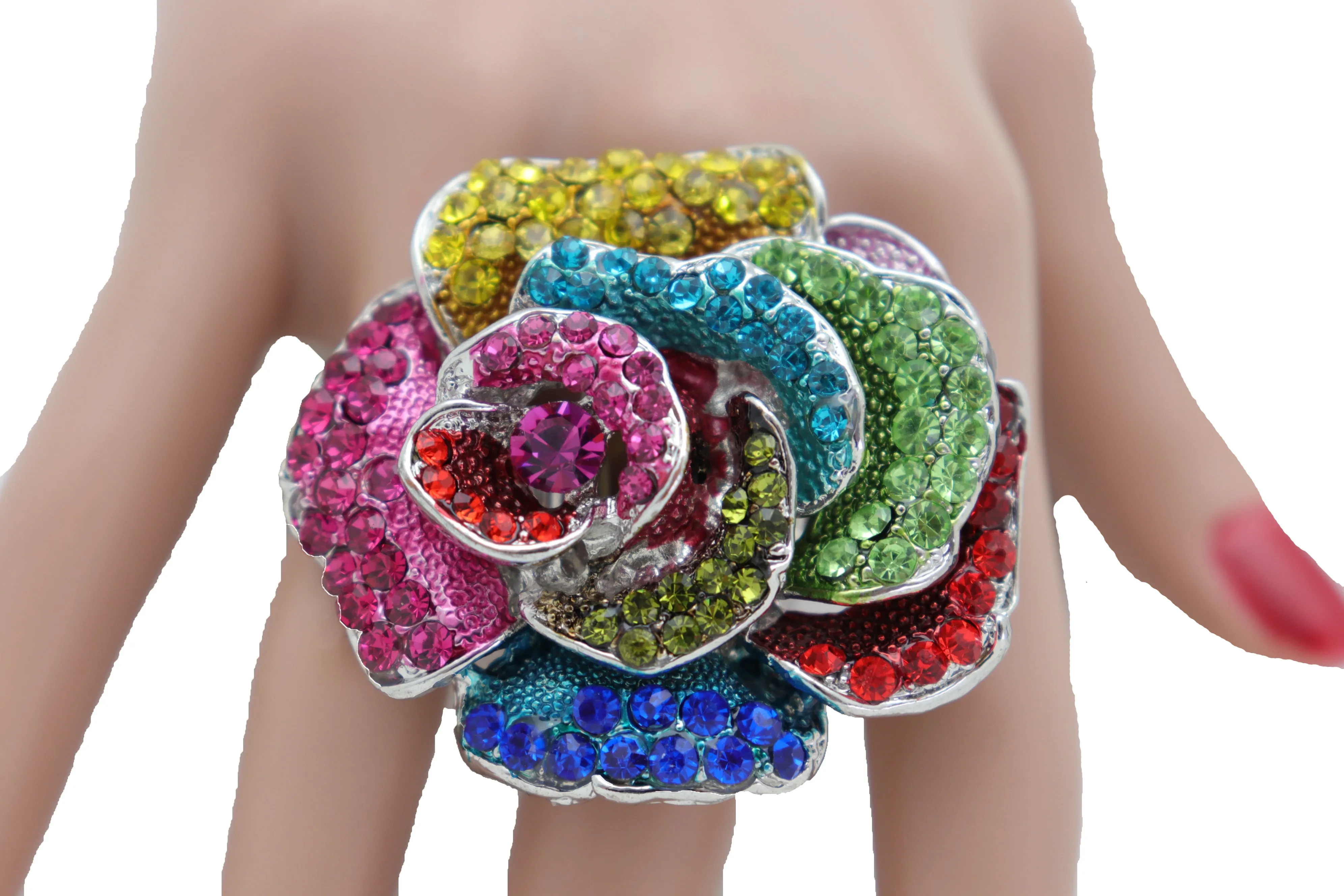 Multicolored Rhinestone Large Flower Elastic Band Ring