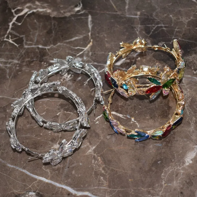 Multicolors Rhinestone Flowers Hoop Earrings