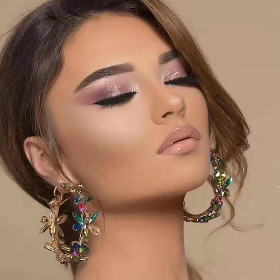 Multicolors Rhinestone Flowers Hoop Earrings