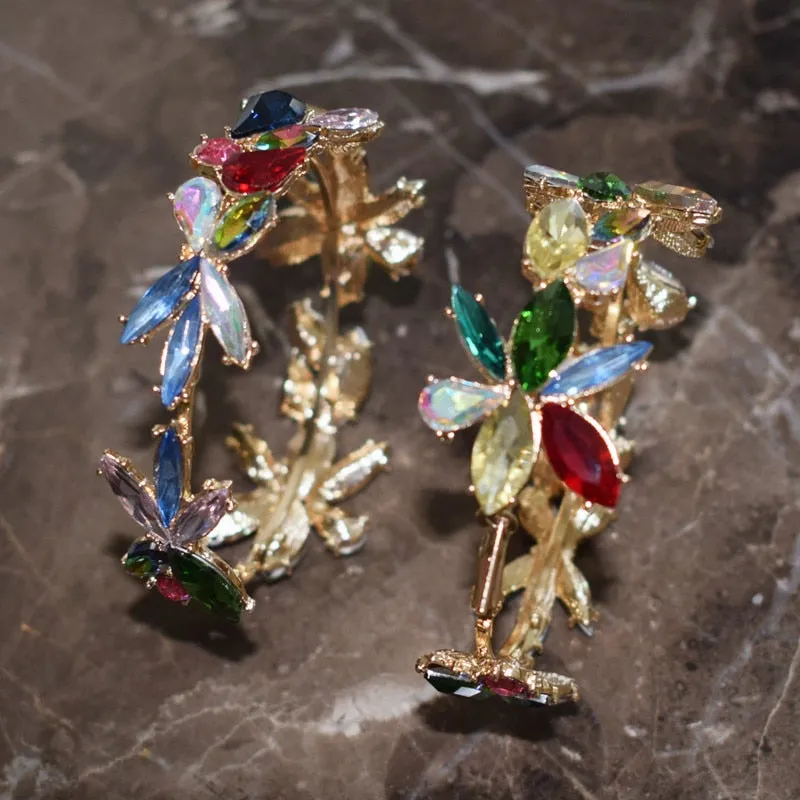 Multicolors Rhinestone Flowers Hoop Earrings