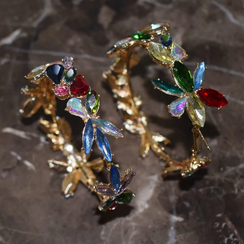 Multicolors Rhinestone Flowers Hoop Earrings