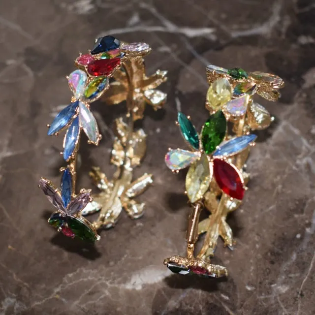 Multicolors Rhinestone Flowers Hoop Earrings